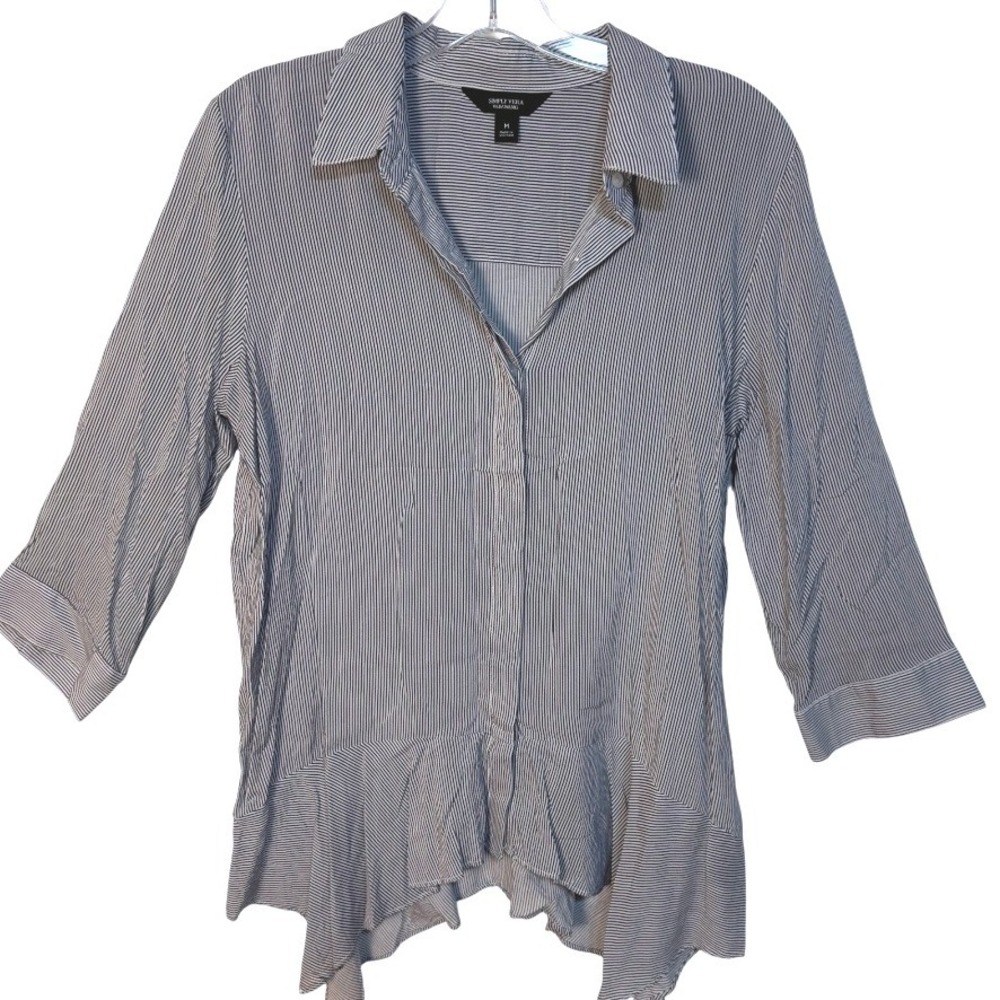 Simply Vera Vera‎ Wang Tunic Top Blue White Striped 3/4 Sleeve Button Down M